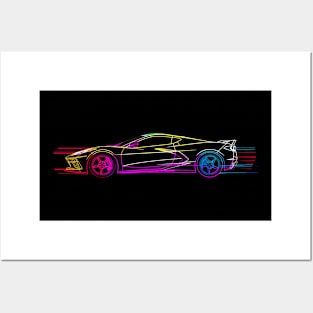 C8 Corvette Rainbow Neon outline art style supercar race car muscle car sportscar Corvette C8 Posters and Art